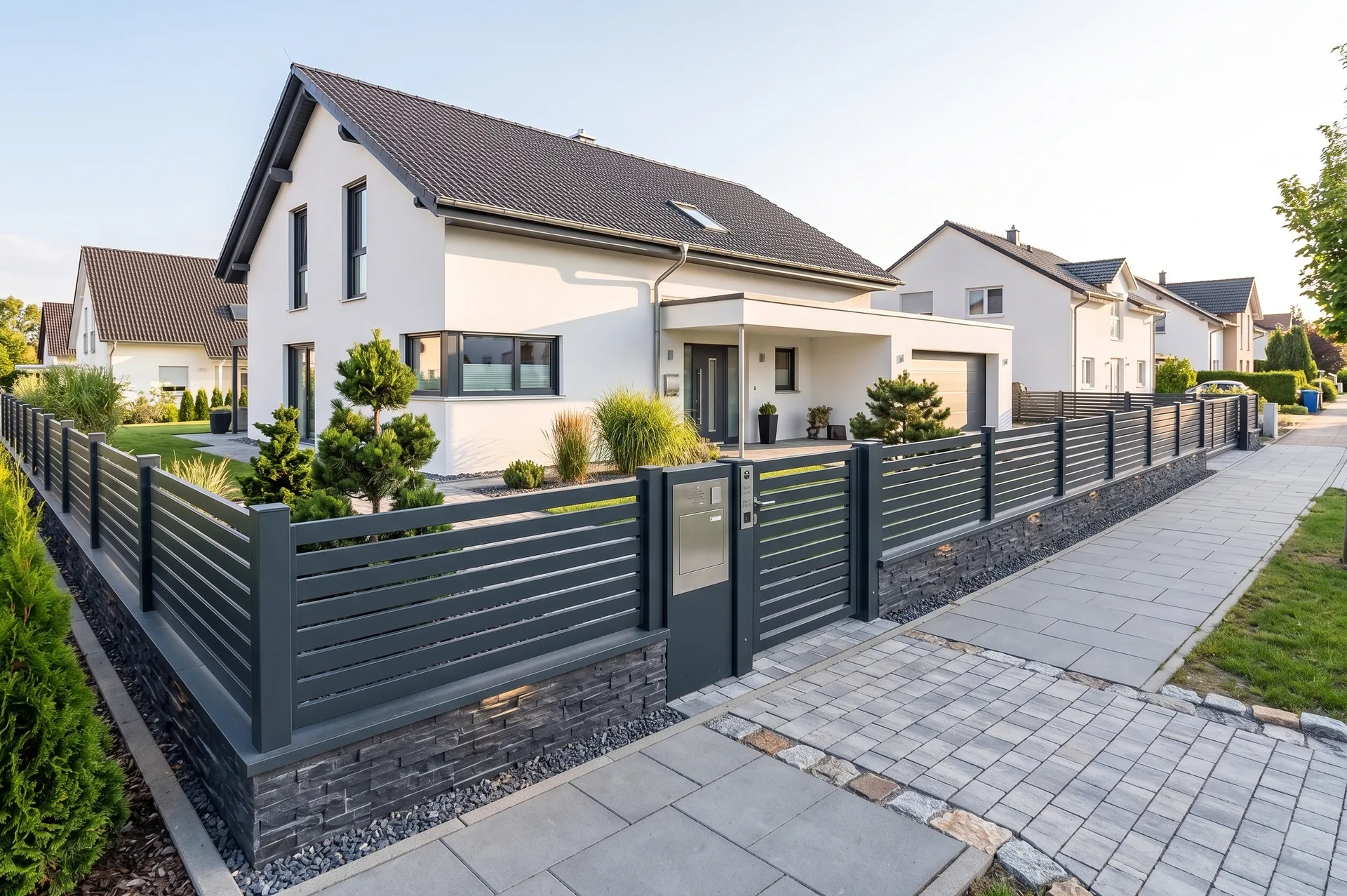 Moderne Metallzaunanlage mit klarer Linienführung an einem Wohnhaus